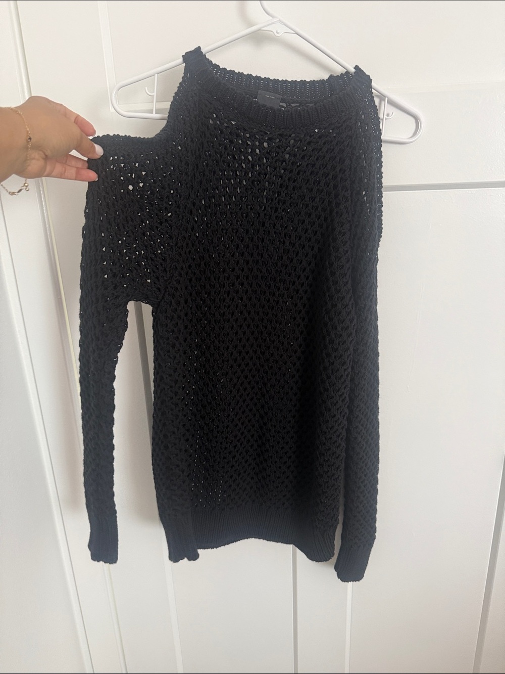 100% Cotton Black Open-Knit Women's Sweater - Lightweight Cold-Shoulder Style